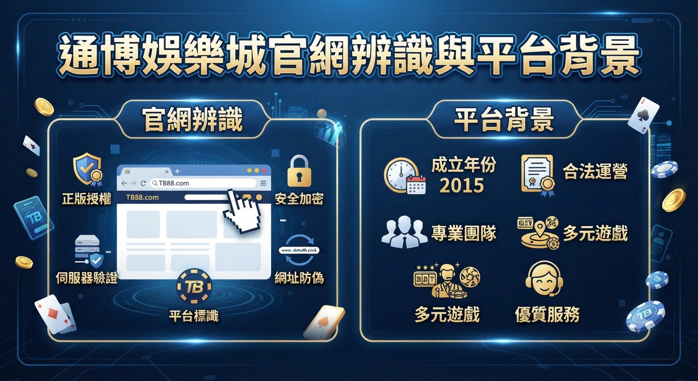 這張圖片的主題為「通博娛樂城官網辨識與平台背景」，採用藍色科技感設計。 畫面分為左右兩側，分別展示官方網站的辨識方法以及平台的背景與服務特色。