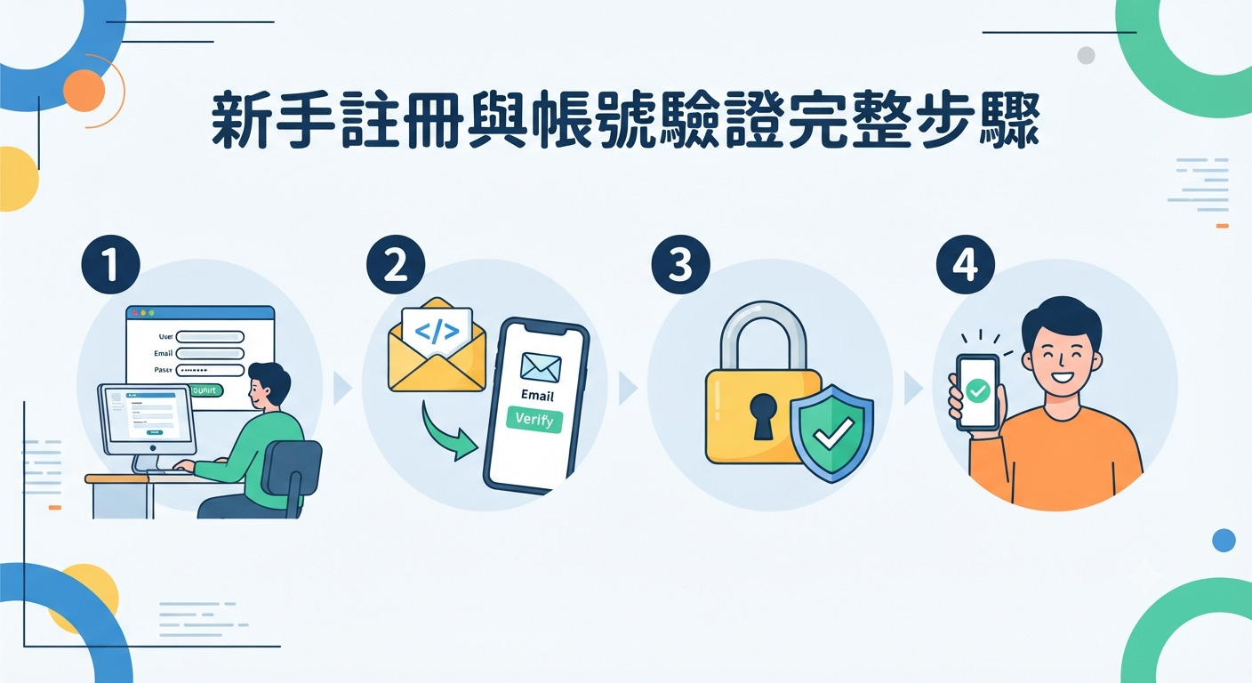 這張圖片展示了新手註冊與帳號驗證的四個步驟，包含電腦填寫資料、電子郵件驗證、帳號安全設置與完成註冊。 圖片上方清晰地標示著主題文字「新手註冊與帳號驗證完整步驟」，風格簡潔且現代化。