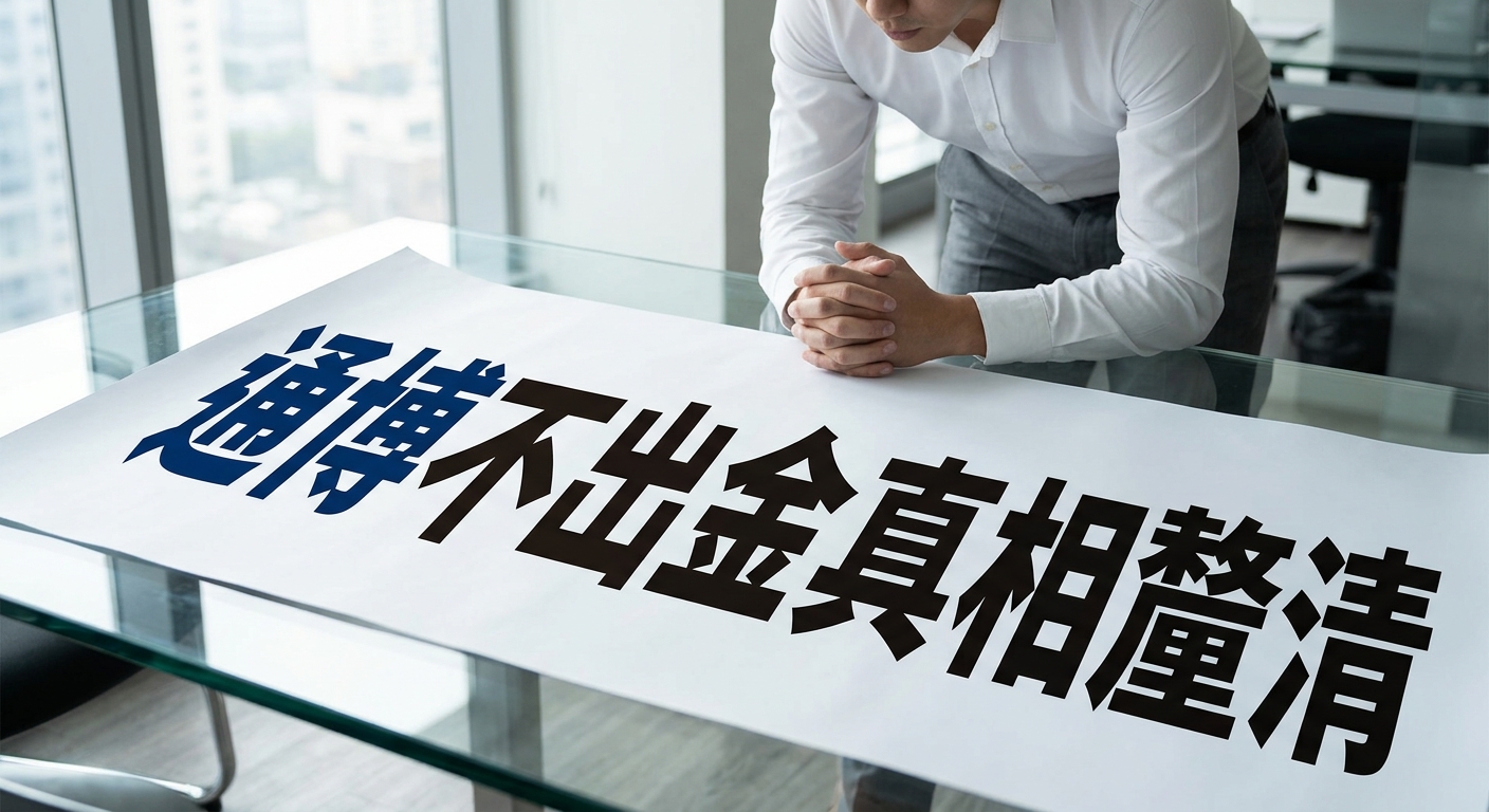 這張圖片展示了一名穿著白襯衫的男子俯身於玻璃桌前，桌上記錄著醒目的文字。 畫面中的主要文字為「通博不出金真相釐清」，呈現出一種嚴肅且專注的氛圍。   