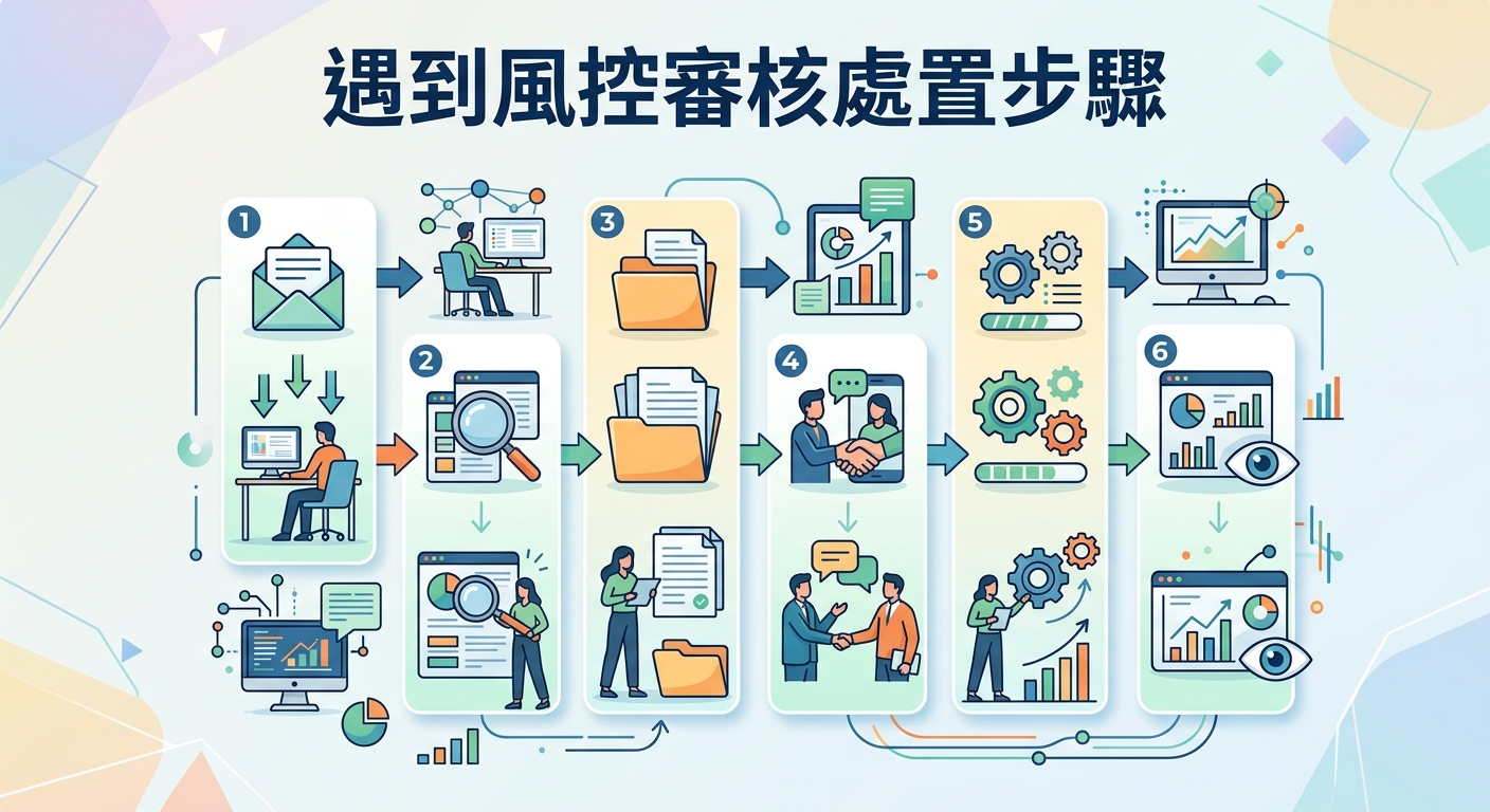 這張圖解以簡潔現代的風格，展示了應對風控審核的完整處置流程。 畫面包含六個清晰的步驟圖示，引導使用者從接收通知、準備資料到完成審核。